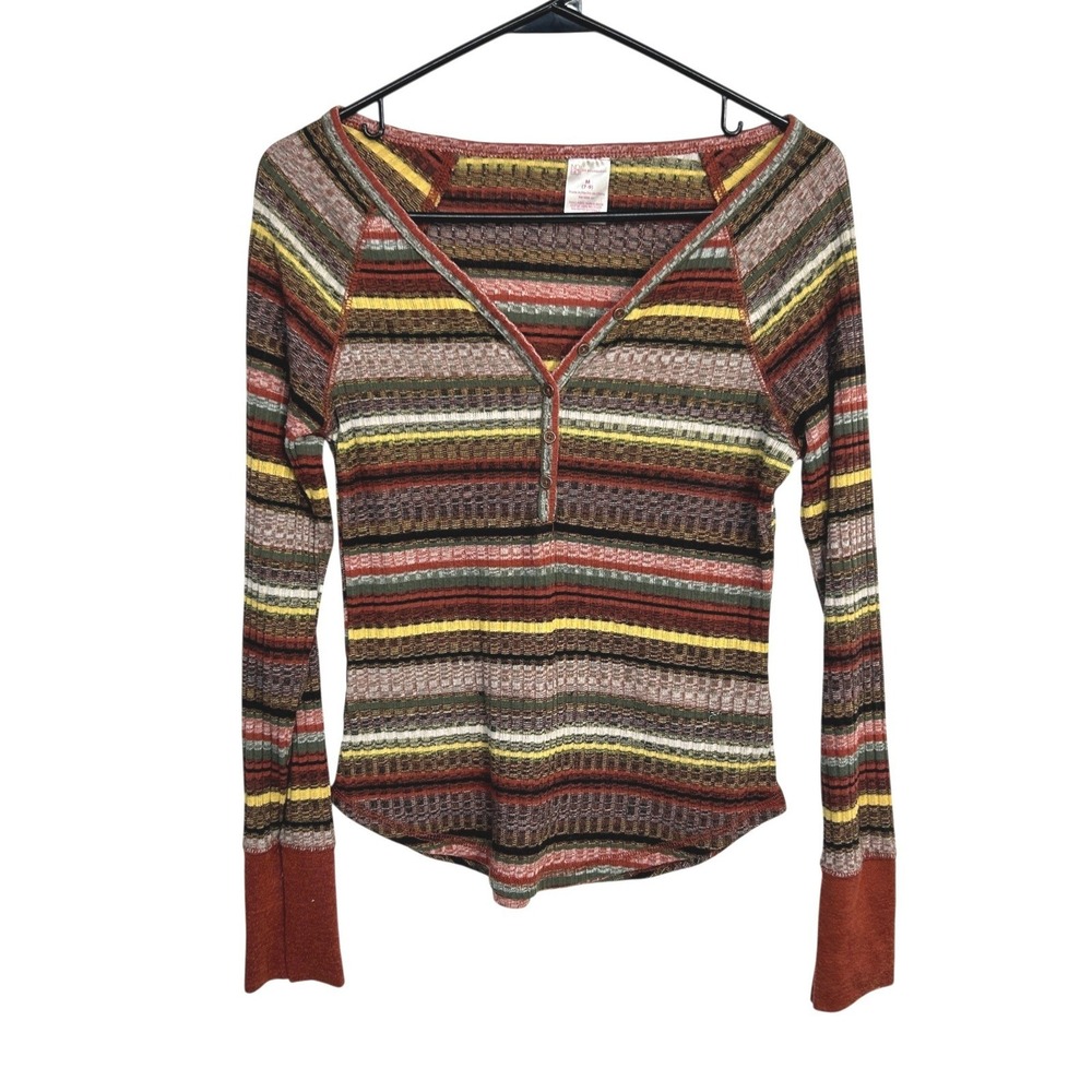 Y2K Striped Pointelle Henley Top Juniors M Long Sleeve Fairy Grunge Earthy Boho